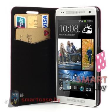 Чехол-кошелек для HTC mini красный в белый горошек