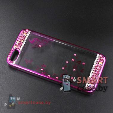 Пластиковый чехол для iPhone 5/5S со стразами розовый (бабочка)