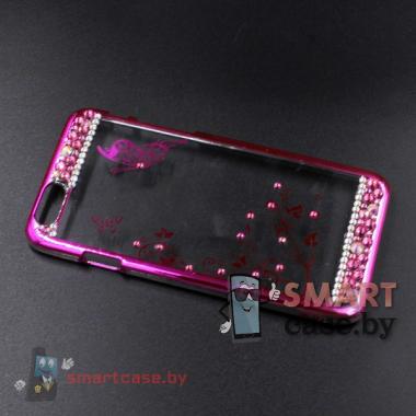 Пластиковый чехол для iPhone 6/6S со стразами розовый (бабочка)