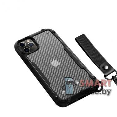 Силиконовый противоударный чехол Carbon Fiber + ремешок для Apple iPhone 12/12 Pro (Чёрный)
