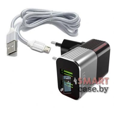 Сетевое зарядное устройство Ldnio A2206 2USB, 2.4A + кабель Micro USB в нейлоне