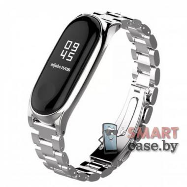 Ремешок для фитнес - браслета Mi Band 3/4/5/6 металлический с механизмом (Серебро глянец)
