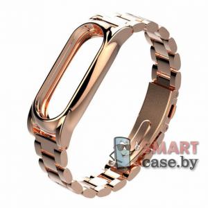 Ремешок для фитнес - браслета Mi Band 3/4/5/6 металлический с механизмом (Розовое золото)