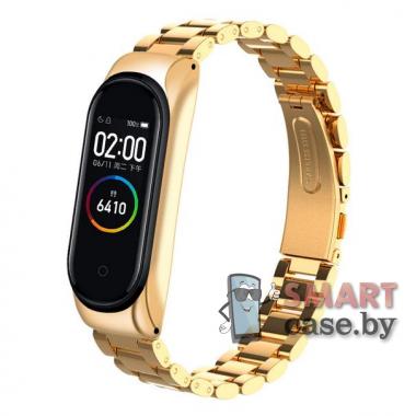 Ремешок для фитнес - браслета Mi Band 3/4/5/6 металлический с механизмом (Золотой)