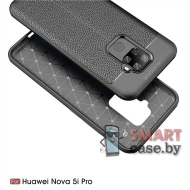 Силиконовый карбоновый чехол Litchi Texture для Huawei Mate 30 Lite (Чёрный)