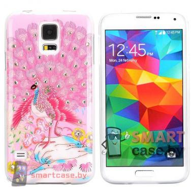  Силиконовый чехол для Samsung Galaxy S5 со стразами  (Розовый павлин)