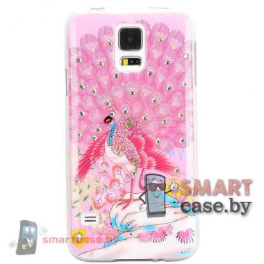  Силиконовый чехол для Samsung Galaxy S5 со стразами  (Розовый павлин)