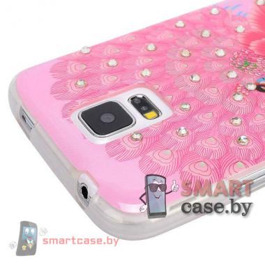  Силиконовый чехол для Samsung Galaxy S5 со стразами  (Розовый павлин)