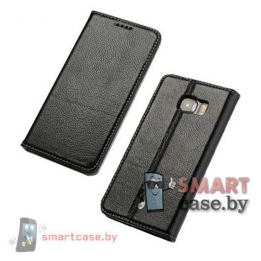 Чехол книга для Samsung Galaxy S6 Edge натуральная кожа Crazy Horse (Черный)