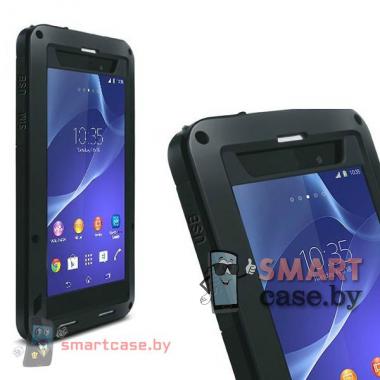 Экстремальный чехол для Sony Xperia Z2 металл+силикон+gorilla glass Love Mei (черный)