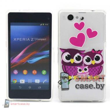 Силиконовый чехол для Sony Xperia Z3 compact прозрачный (Совушки и сердечки)